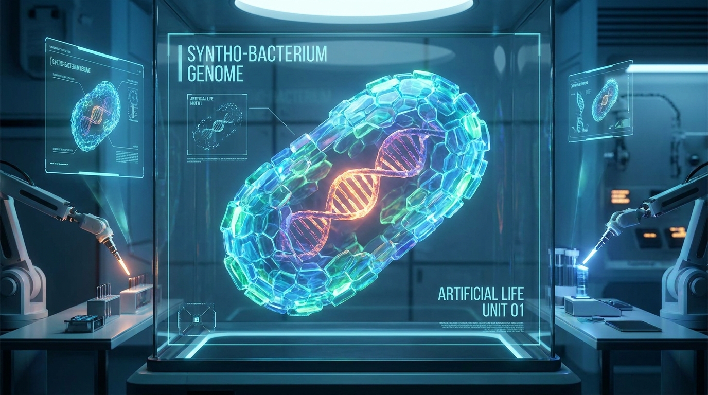 Synthetic_bacterial_cell_with_gl…_202608122230 අජීවී සංරචක වලින් නිපදවන ලද කෘතිම බැක්ටීරියා සෛලය පිළිබඳ සංකල්පීය නිරූපණය