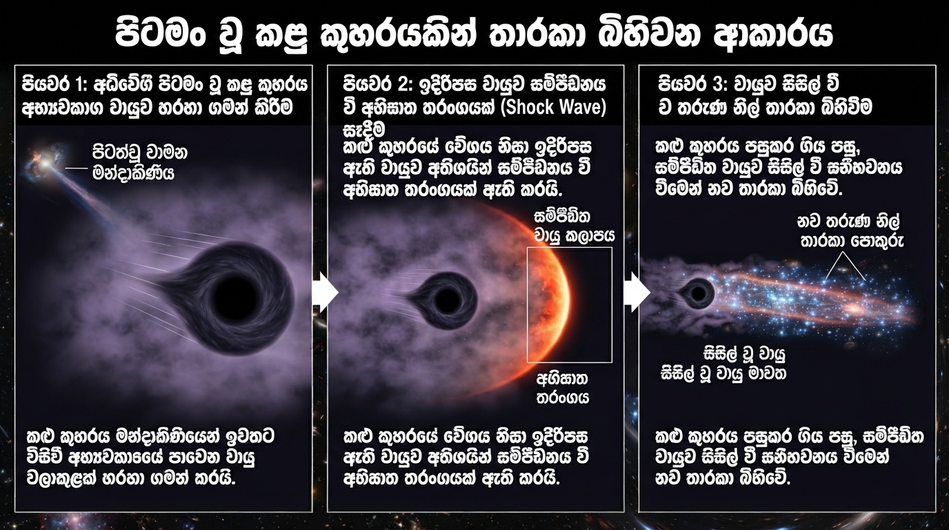 පිටමං වූ කළු කුහරය: මව් ගැලැක්සියෙන් එළියට විසිවූ rbh-1 හි අභිරහස ජේම්ස් වෙබ් හෙළි කරයි 2 පිටමං වූ කළු කුහරයකින් තාරකා බිහිවන ආකාරය