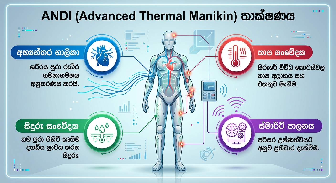 andi (advanced thermal manikin) තාක්ෂණය පිළිබඳ infographic. එය ප්‍රධාන ලක්ෂණ හතරක් විස්තර කරයි: රුධිර ගමනාගමනය අනුකරණය කරන අභ්‍යන්තර නාලිකා, කෘතිම දහඩිය සිදුරු, තාප සංවේදක සහ ස්මාර්ට් පාලනය.