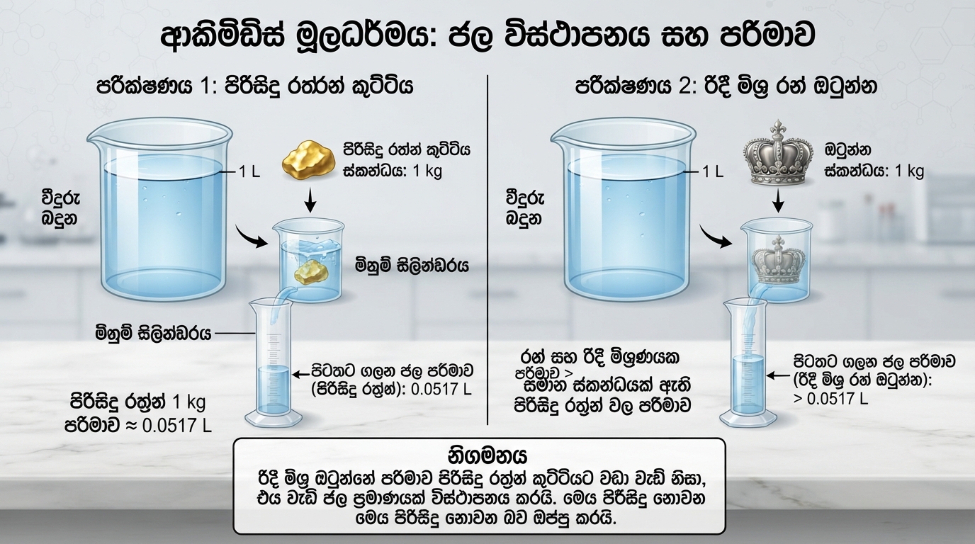 ආකිමිඩිස්ගේ ජල විස්ථාපන පරීක්ෂණයේ පියවර