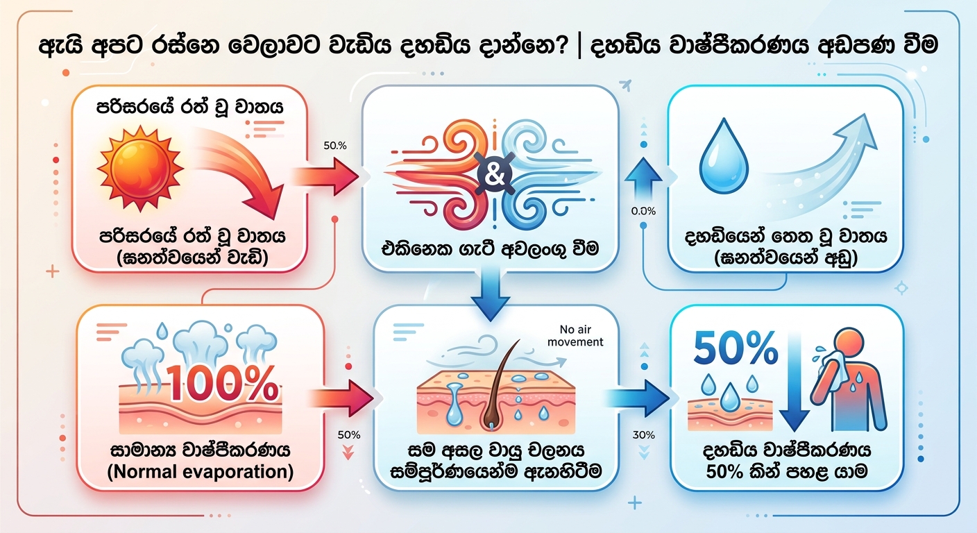 රත් වූ වාතය සහ දහඩිය වාෂ්පීකරණය අතර සම්බන්ධය පැහැදිලි කරන ඉන්ෆොග්‍රැෆික් එකක්. එහි ඉහළින් රත් වූ වාතය පහළට යන බවත්, තෙත වාතය ඉහළට යන බවත් පෙන්වයි. ඒවා ගැටී වායු චලනය සම්පූර්ණයෙන්ම නැවත්වී, දහඩිය වාෂ්පීකරණය 50% කින් අඩු වන බව අවසානයේ දක්වයි.